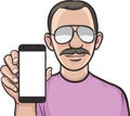 Mustache man showing a mobile app on a smart phone