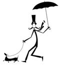 Mustache man walking with umbrella and dog isolated illustration