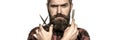 Mustache men. Beard macho man. Bearded man, bearded male. Portrait beard man. Barber scissors and straight razor, barber Royalty Free Stock Photo