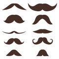 Mustache, set of male brown mustache isolated on white. Vector mustache illustration in flat design Royalty Free Stock Photo
