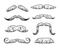 Mustache set vector icon in doodle style. Simple black illustration of hipster hand drawn mustaches on white Royalty Free Stock Photo