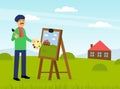 Mustached Man Artist in Beret Painting Outdoor Landscape with Drawing Easel Vector Illustration Royalty Free Stock Photo