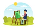 Mustached Man Artist in Beret Painting Outdoor Landscape with Drawing Easel Vector Illustration Royalty Free Stock Photo