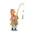 Mustached Man Character in Fisherman Boots with Angling Rod Fishing Vector Illustration