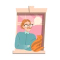 Mustached Man in Glasses in Open Window with Cat Vector Illustration