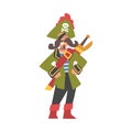 Mustached Man Pirate or Buccaneer Character with Sabre and Hat with Crossed Bones as Marine Robber Vector Illustration