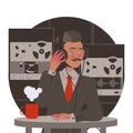 Mustached Man Special Agent in Headphones Listening to Secret Conversation Spying and Monitoring Vector Illustration Royalty Free Stock Photo