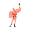 Mustached Strongman Lifting Kettlebell with Finger as Circus Artist Character Performing on Stage or Arena Vector