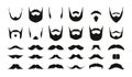 Mustaches and beards. Hipster black mustached bearded faces, simple masculine symbols different variations for barber