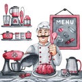 A mustachioed cook prepares a sweet pie in the kitchen with kitchen appliances and utensils. Hand drawn watercolor