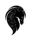 Mustang horse spirit with stars in long mane black and white vector head portrait Royalty Free Stock Photo