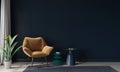 Mustard armchair and colored tables against a dark blue wall