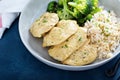 Mustard chicken with rice and broccoli Royalty Free Stock Photo