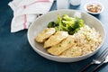 Mustard chicken with rice and broccoli Royalty Free Stock Photo