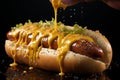 Mustard delight, Close-up of an adult hand holding a mustard-covered hot dog
