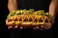 Mustard delight, Close-up of an adult hand holding a mustard-covered hot dog