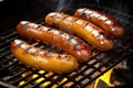 mustard glazed sausages, sizzling on a charcoal grill