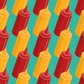 Mustard and ketchup bottle seamless pattern. Fast food seasoning