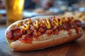 Mustard and ketchup on hot dog with glass of beer