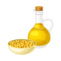 Mustard Oil in Corked Glass Jar with Seeds in Bowl Vector Illustration