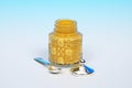 Mustard pot with spoon. Royalty Free Stock Photo