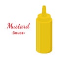 Mustard sauce bottle, yellow spicy condiment. Cartoon flat style. Vector