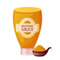 Mustard sauce with bowl cup. Spicy american condiment, hot yellow mustard in plastic bottle, cartoon style. Fast food