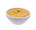 Mustard sauce in ceramic bowl isolated on white Royalty Free Stock Photo