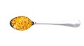 Mustard sauce, wholegrain mustard in small metal spoon isolated on white background,top view Royalty Free Stock Photo