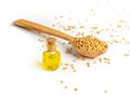 Mustard Seeds Essential Oil, Tincture or Extract in Small Bottle Royalty Free Stock Photo