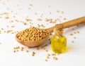 Mustard Seeds Essential Oil, Tincture or Extract in Small Bottle Royalty Free Stock Photo