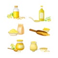Mustard Yellow Oil Poured in Glass Jar and Ground Powder with Flower Blossom Vector Set