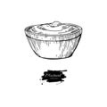 Mustardi sauce in bowl vector drawing. Hand drawn food ingridient.