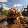 Mutant snail in shape of train with many horns slowly crawling in dirt Royalty Free Stock Photo