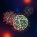 Mutated Omicron SARS-CoV-2 virus, foreground, and SARS-CoV-2 delta strain, background. Electron microscope enlargement