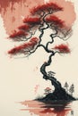 muted chinese ink painting, bonsai tree chibi, muted colors, rice paper texture, splash paint, red sun, Lakeside.