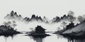 Muted Chinese ink painting of mountain lakeside traditional old house landscape illustration created with generative AI technology