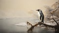 Muted Colors: A Realistic Photograph Of A Penguin Perched On A Tree Branch