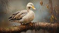 Muted Colorscape Mastery: Hyperrealistic Oil Painting Of Wooden Duck On Branch