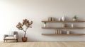 Muted Colorscape Mastery: Zen-inspired Living Room With Wooden Shelf And Plant