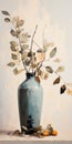 Muted Earthy Tones Blue Vase With Branches In Coby Whitmore Style