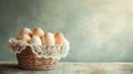 Muted eggs and lace ribbons in basket, warm and nostalgic holiday vibe. Easter Royalty Free Stock Photo