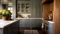 Muted grey modern cottage kitchen decor, interior design and country house, in frame kitchen cabinetry, sink, stove and