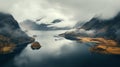 Muted And Moody: Aerial View Of Norwegian Fjord In Autumn With Fog