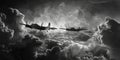 Muted noir noire black and white cloudscape with WWII airplanes in flight. Bombers attacking. In flight Royalty Free Stock Photo