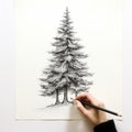 Muted Realism: Detailed Ink Illustration Of A Girl Drawing A Pine Tree