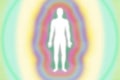 Muted retro pulsing rainbow aura layers - energy field with human figure