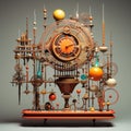 Muted Surrealism Clock With Revolving Globes And Fantastical Contraptions Royalty Free Stock Photo