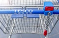 Tesco Extra Hypermarket Empty Shopping Blue Trolley. Tesco Extra is a