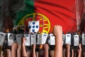 Protest in Portugal - police guards stand against the protesting crowd on flag background, riot fighting concept, military 3D
